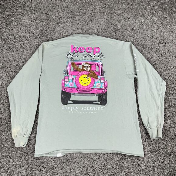 Simply Southern Shirt Womens Large Green Pink Keep Life Simple Slot Smiley READ - Picture 1 of 12